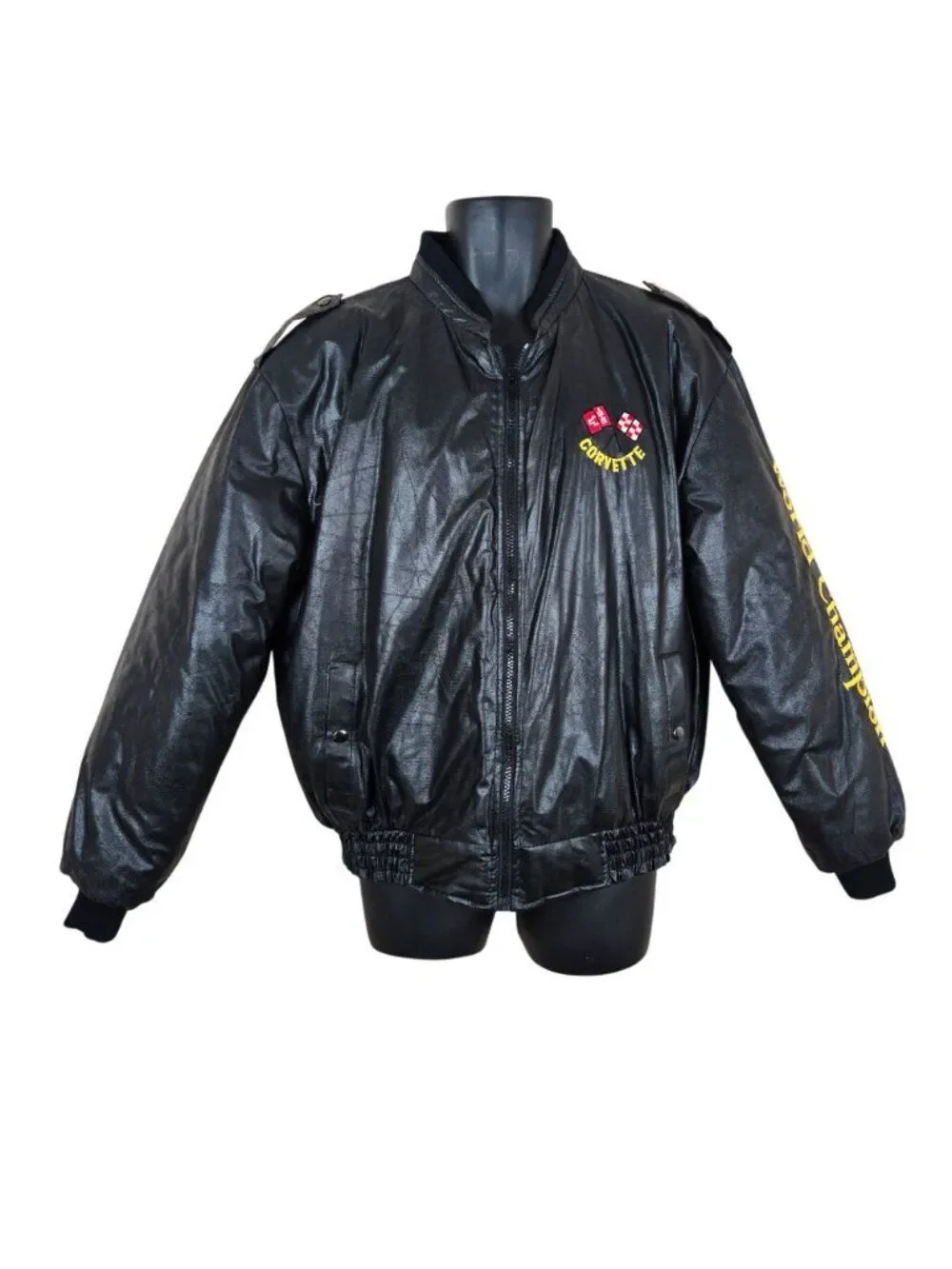 Vintage 80s Chevy Corvette Black Bomber Jacket Patches Mens Size XL Quilted